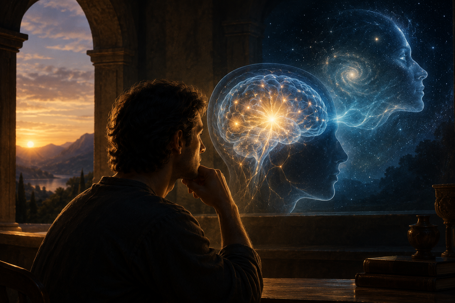 Homem contemplando uma representação luminosa do cérebro e da consciência diante de uma paisagem cósmica