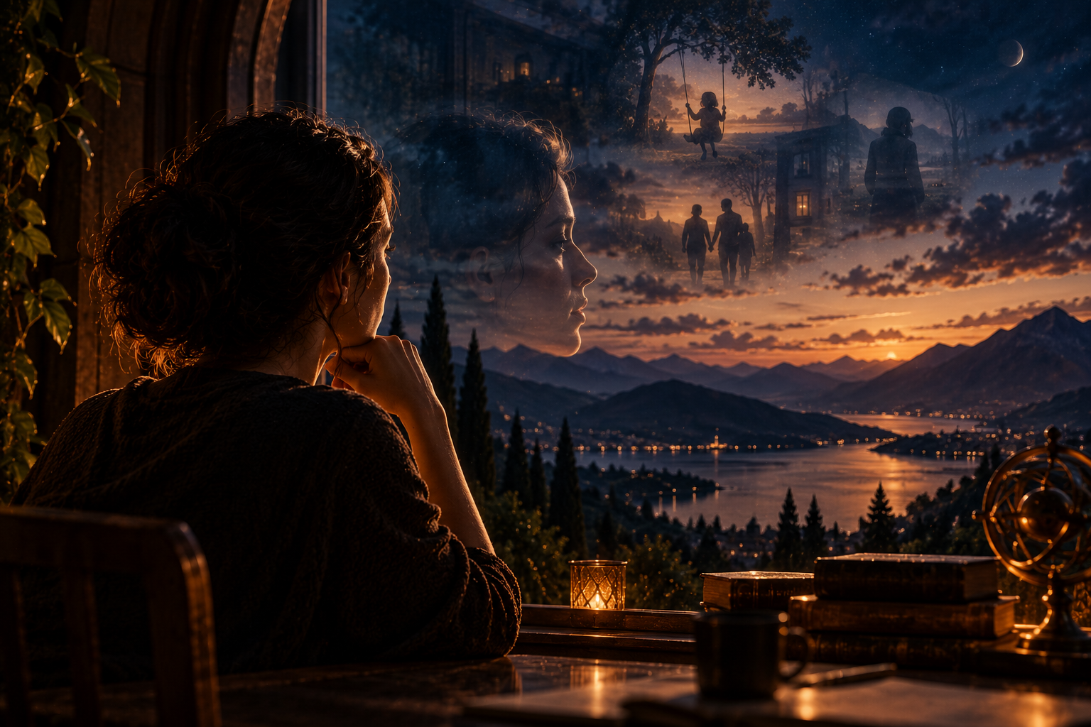 Mulher contemplando uma paisagem enquanto lembranças e experiências se integram àquilo que percebe